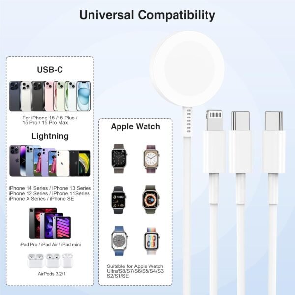 Apple Watch Charger, 3 in 1 Magnetic iWatch Charger with USB-C Charging Cable 4FT for iPhone Apple Watch Series Ultra SE 9 8 7 6 5 4 & iPhone 16/15/14/Galaxy S23 - Image 9